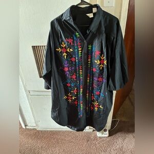 Black Embroidered Button-Up Shirt